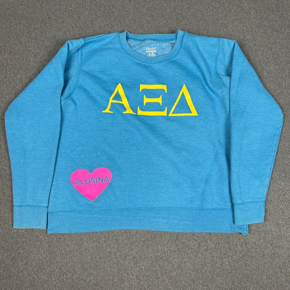 Alpha Xi Delta AZD Sorority Alumna LOVE Sweatshirt Blue Hanes Womens L Crewneck